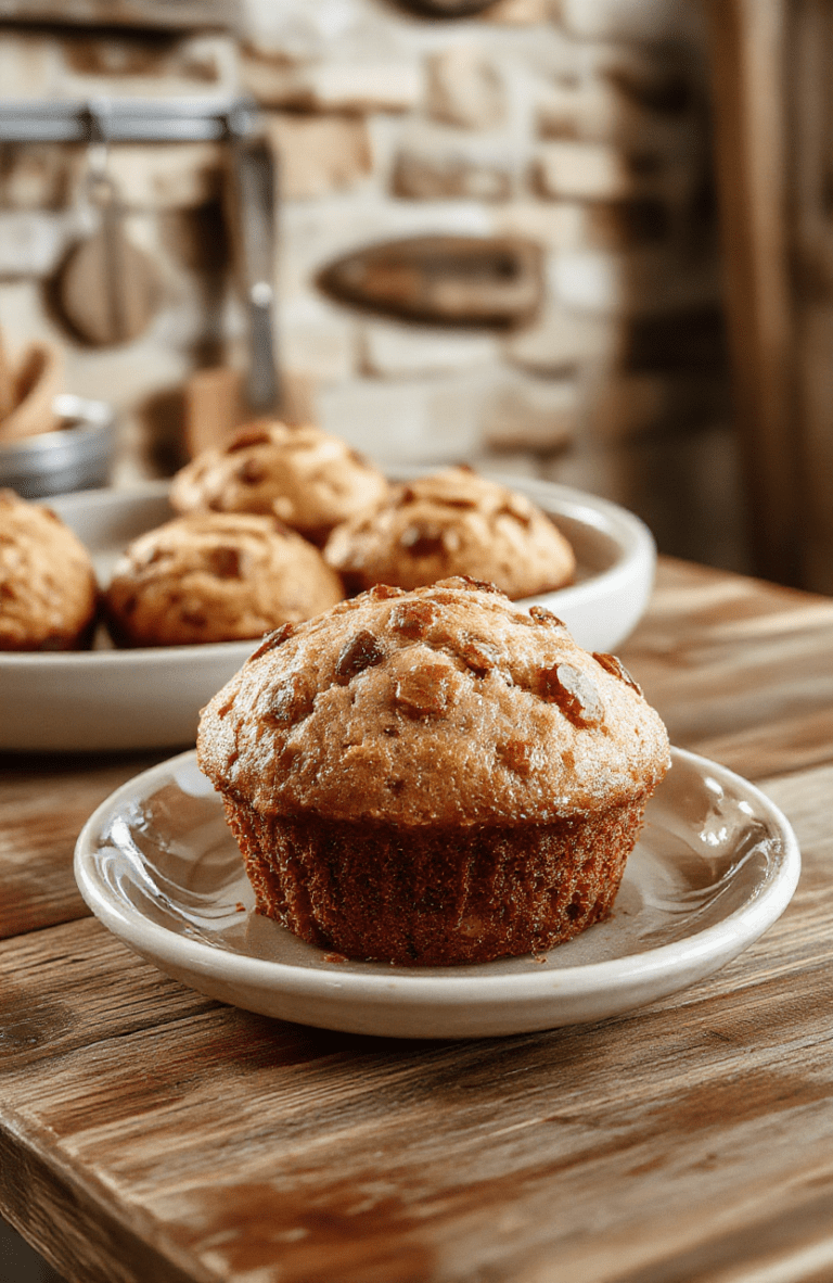 Golden-brown bran muffins with visible flecks of oats and cinnamon, stacked on a rustic plate with a small bowl of yogurt and a drizzle of honey; warm ambient light highlights the crumbly, moist interior and sugared tops, set on a wooden table with a cozy kitchen backdrop.