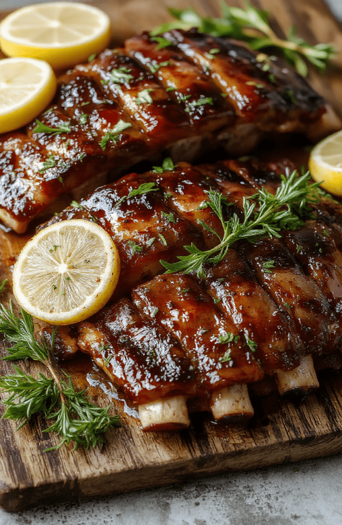 A rack of garlic herb roasted ribs sits on a dark wooden board, the crust deeply caramelized and glossy. Fresh rosemary sprigs, thyme, lemon wedges, and chopped parsley frame the ribs, showing off a golden-brown finish and succulent, tender meat.
