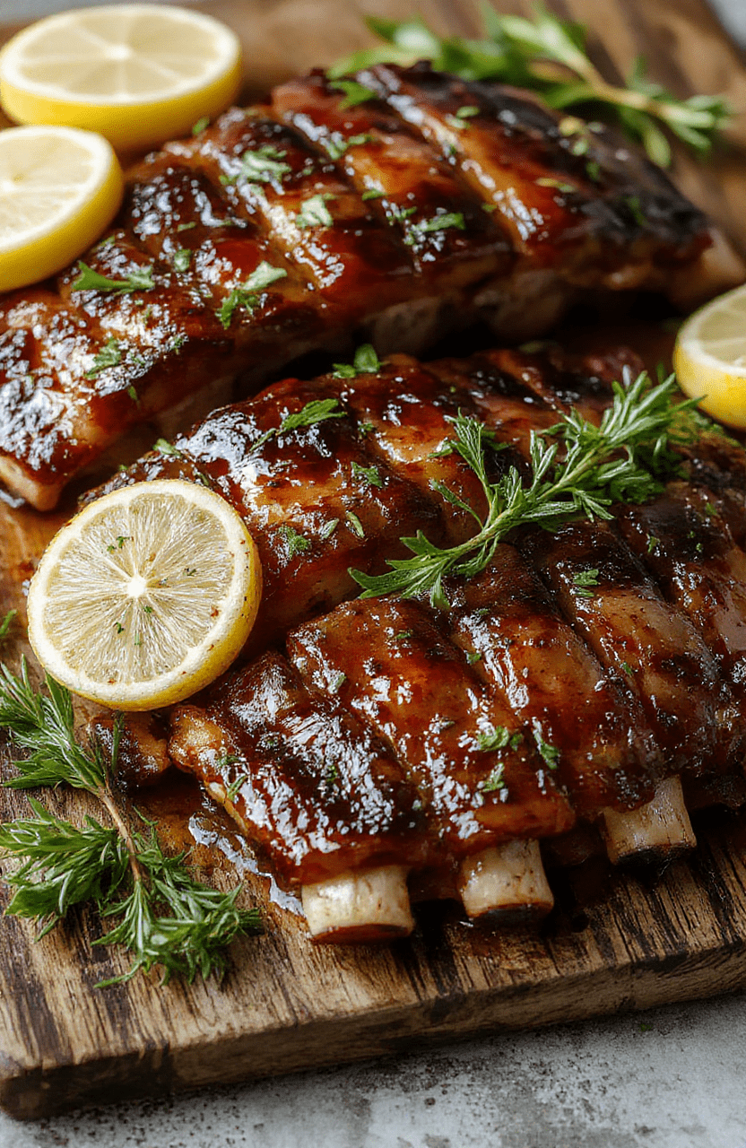 A rack of garlic herb roasted ribs sits on a dark wooden board, the crust deeply caramelized and glossy. Fresh rosemary sprigs, thyme, lemon wedges, and chopped parsley frame the ribs, showing off a golden-brown finish and succulent, tender meat.