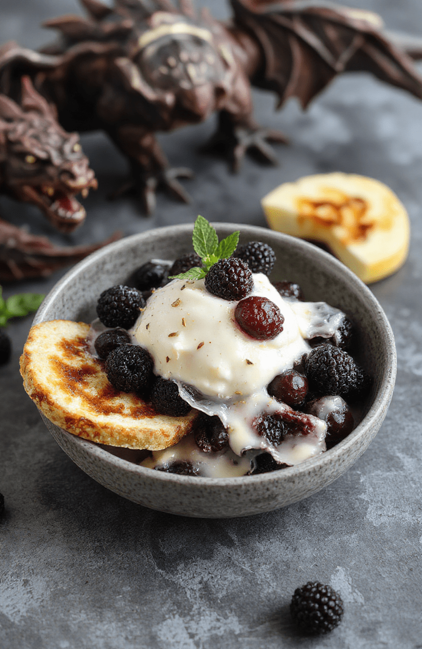 Chilled bowl of icy blue blueberries crowned with whipped sweet cream, lightly dusted with blue sugar crystals, a mint sprig, and a drizzle of lemon, presented on a cool slate plate with a frosty, medieval-feel background.