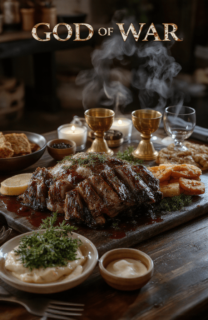 A rustic Viking feast spread on a dark wood table featuring roasted venison, rye bread, root vegetables, and a glossy berry glaze, with brass goblets, herbs, and steam rising from warm dishes.