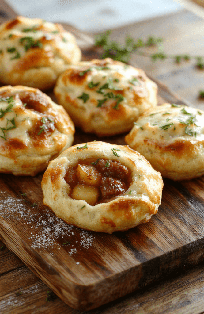Golden beef and apple pasties with flaky crust, sliced to reveal tender beef, potatoes, and apples, on a parchment-lined board; warm thyme garnish and rustic kitchen backdrop.