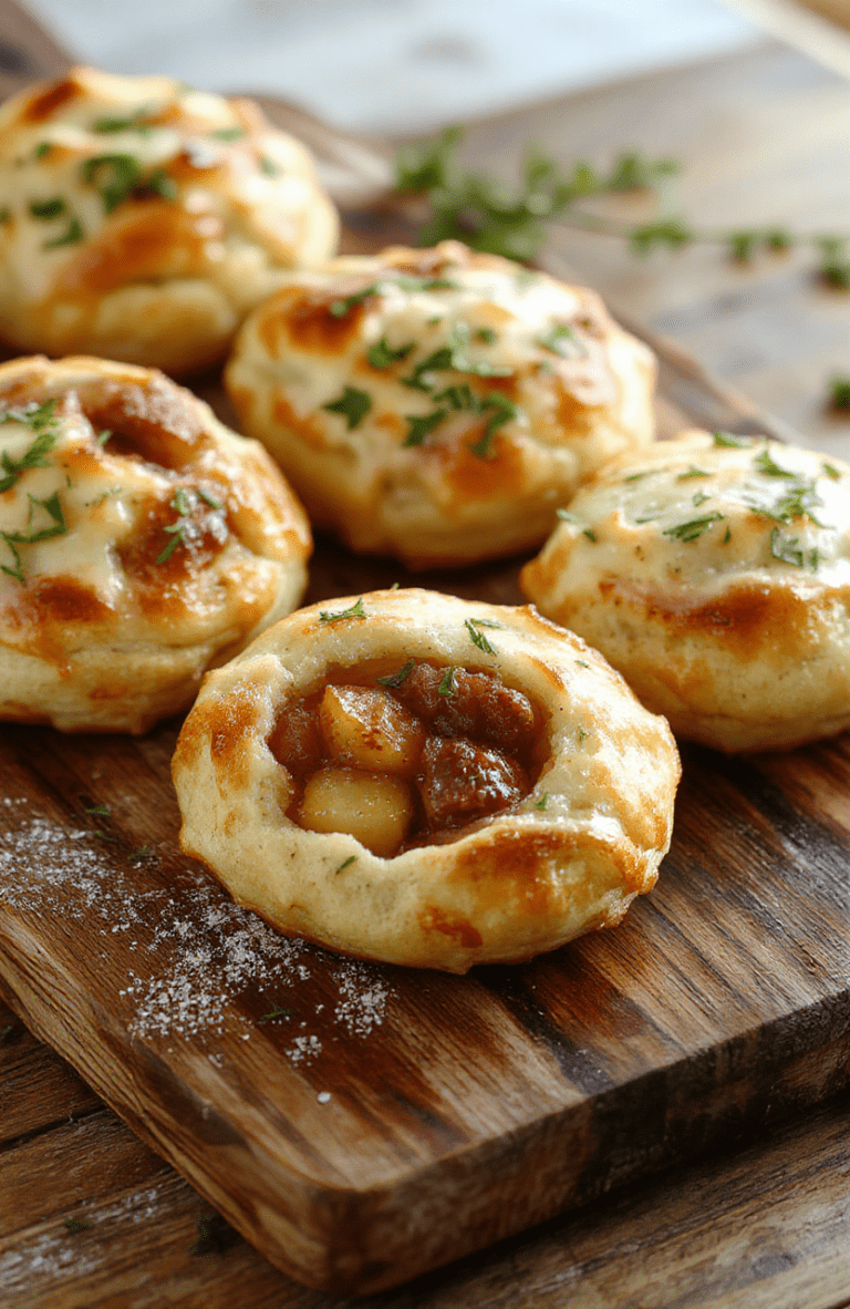 Golden beef and apple pasties with flaky crust, sliced to reveal tender beef, potatoes, and apples, on a parchment-lined board; warm thyme garnish and rustic kitchen backdrop.