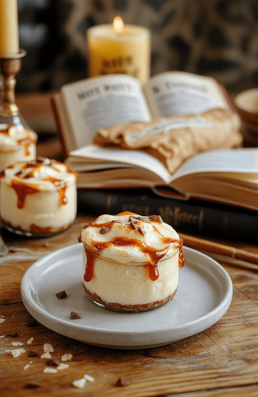 A dozen mini glass jars showcase creamy vanilla-butterbeer cheesecake layered over a crushed graham crust, tinted amber from butterbeer. Each jar is topped with whipped cream, a light caramel drizzle, and a dusting of cinnamon. The jars sit on a rustic wooden board with a soft, magical glow; background hints at a warm kitchen or a Harry Potter book set.