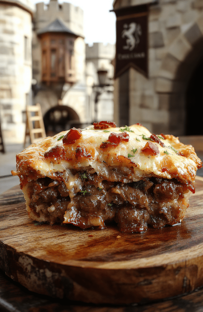 Golden, flaky puff pastry crust surrounds a bubbling beef and bacon ragout. The pie rests on a rustic wooden board with a light dusting of flour, thyme sprigs, and a glossy, meat-filled filling visible at the edges. Caramelized onions and mushrooms peek through, adding depth and texture. Warm lighting and medieval feast vibes complete the look.