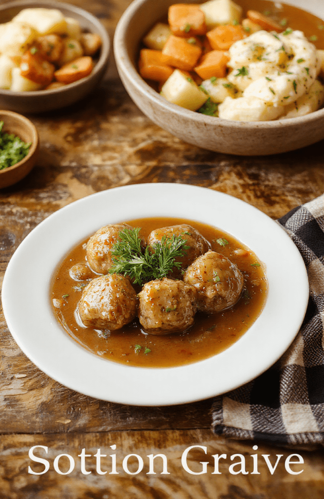 A white ceramic plate holds golden-brown Scottish meatballs in a glossy onion gravy, finished with chopped parsley. The meatballs show a moist interior with oats visible in the crumb and crisp edges. They sit on a rustic wooden table with a green plaid napkin, a mound of creamy mashed potatoes and roasted carrots nearby, creating a cozy Highland kitchen vibe with warm lighting.
