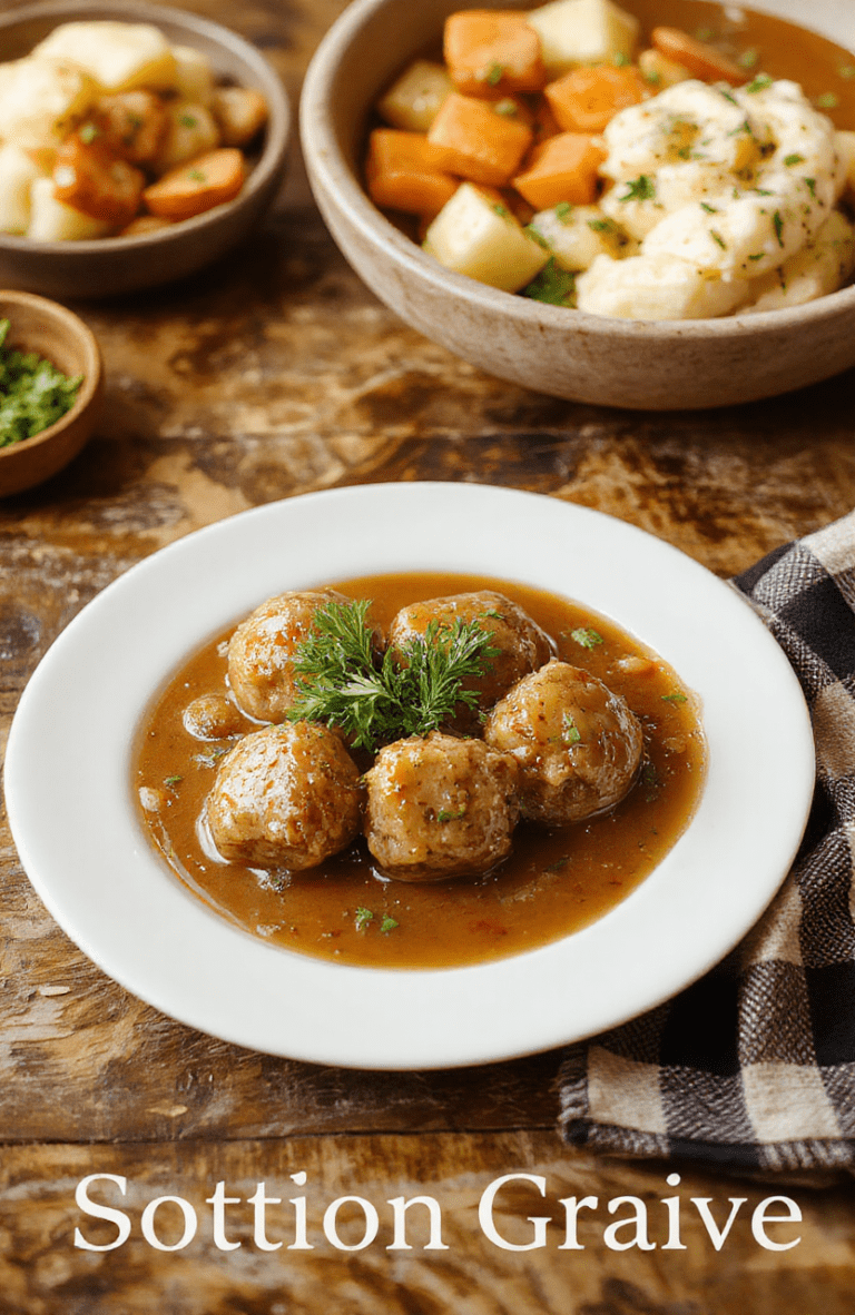 A white ceramic plate holds golden-brown Scottish meatballs in a glossy onion gravy, finished with chopped parsley. The meatballs show a moist interior with oats visible in the crumb and crisp edges. They sit on a rustic wooden table with a green plaid napkin, a mound of creamy mashed potatoes and roasted carrots nearby, creating a cozy Highland kitchen vibe with warm lighting.