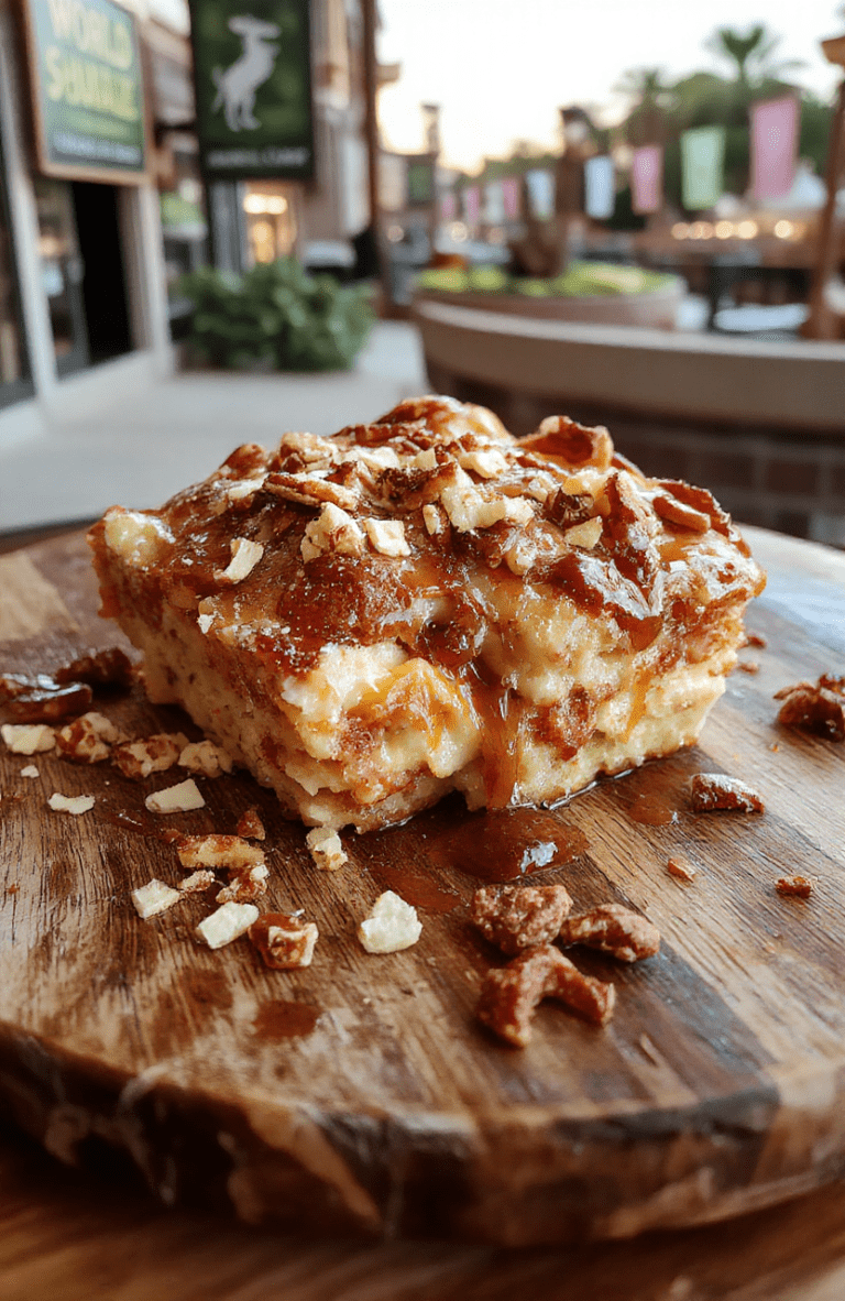 Golden-brown bread pudding studded with crunchy pretzel bits, drizzled with caramel and vanilla cream. Served on a rustic cream plate on a warm wooden board, with visible flecks of salt and pretzel shards for texture. The background features soft EPCOT-inspired decor and festival lighting, creating a cozy, inviting dessert presentation.