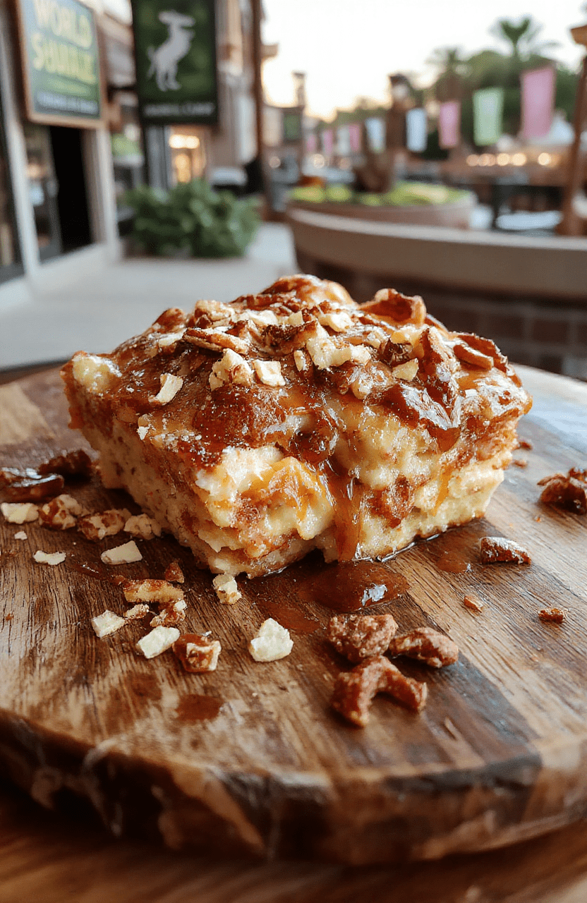 Golden-brown bread pudding studded with crunchy pretzel bits, drizzled with caramel and vanilla cream. Served on a rustic cream plate on a warm wooden board, with visible flecks of salt and pretzel shards for texture. The background features soft EPCOT-inspired decor and festival lighting, creating a cozy, inviting dessert presentation.