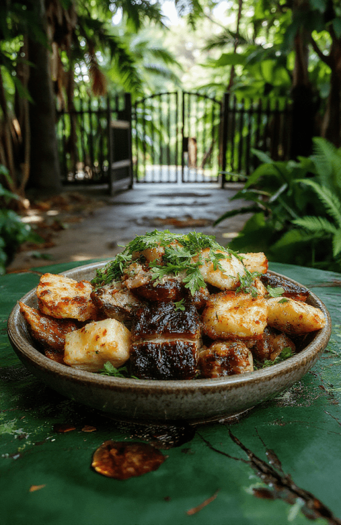 A Jurassic Park inspired feast laid out on a rustic wooden board: sliced herb-roasted meats, moss-green mashed cauliflower, roasted root vegetables, and bone-shaped fossil crackers, garnished with parsley and edible greens; earthy tones and jungle-inspired accents evoke a prehistoric banquet.