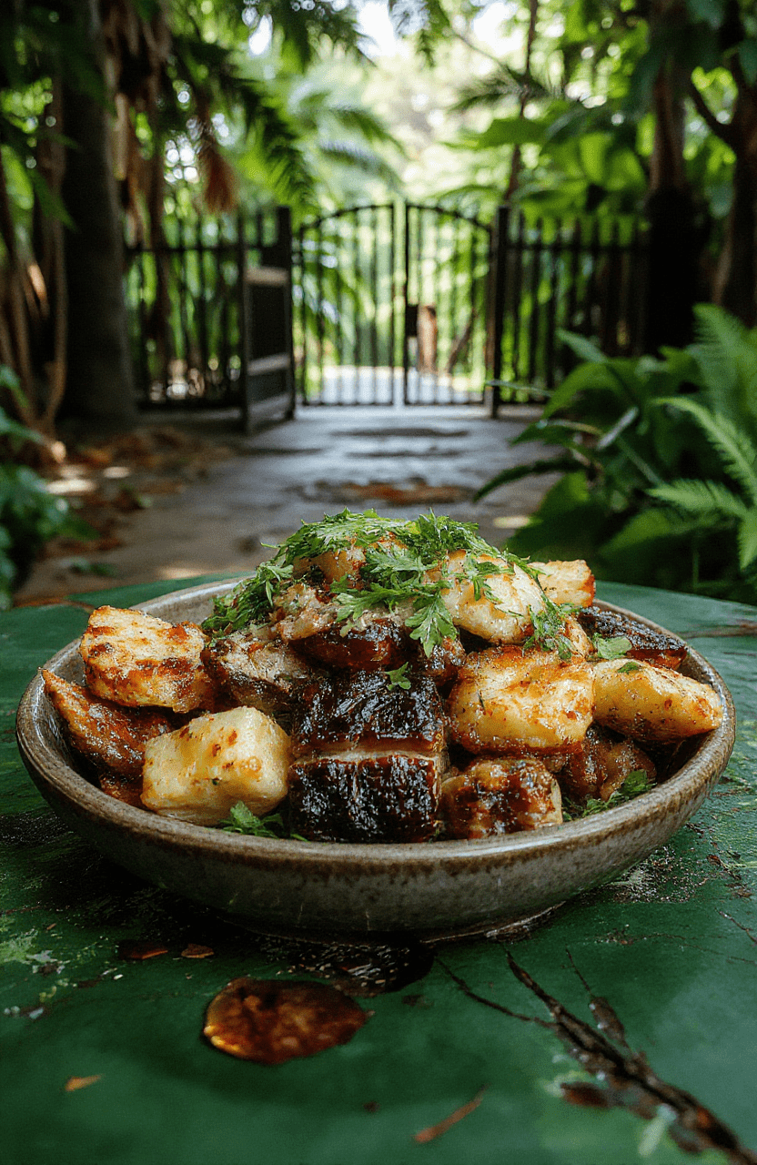 A Jurassic Park inspired feast laid out on a rustic wooden board: sliced herb-roasted meats, moss-green mashed cauliflower, roasted root vegetables, and bone-shaped fossil crackers, garnished with parsley and edible greens; earthy tones and jungle-inspired accents evoke a prehistoric banquet.