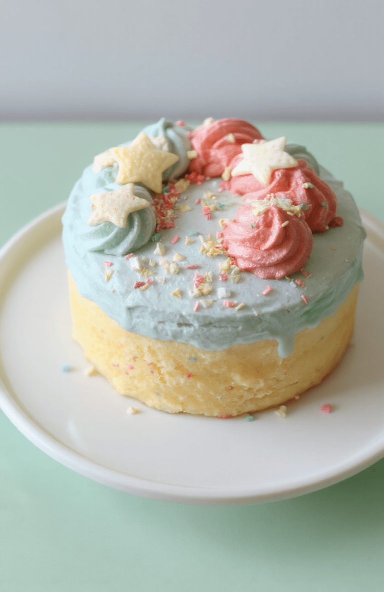 A pastel-hued vanilla sponge cake with blue and pink buttercream swirls, topped with edible stars and pastel sprinkles. The cake sits on a white plate against a pale mint-green counter, bathed in soft natural daylight. The scene evokes a warm Studio Ghibli mood with subtle magical glow in the background.