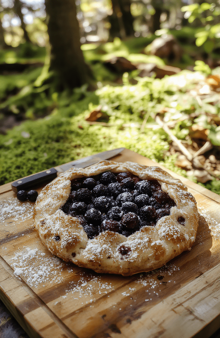 Golden brown LOTR Mirrormere Blueberry Galette on a rustic wooden board, lattice crust revealing juicy blueberries, a dollop of cream and a mint leaf, light dusting of powdered sugar; warm sunlight highlights glossy fruit on a dark slate plate with a few berries nearby.