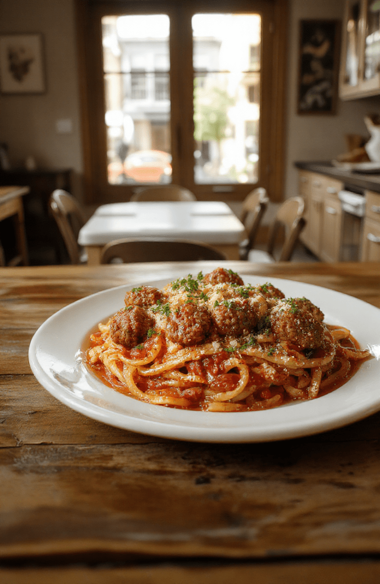 A glossy plate of al dente spaghetti swirled with bright red marinara, plump golden-brown meatballs, and a shower of grated Parmesan. Fresh basil leaves garnish, with a drizzle of olive oil on a rustic wooden table; steam wisps rise as the dish glows under warm, cinematic lighting, styled simply with a fork resting beside the plate.