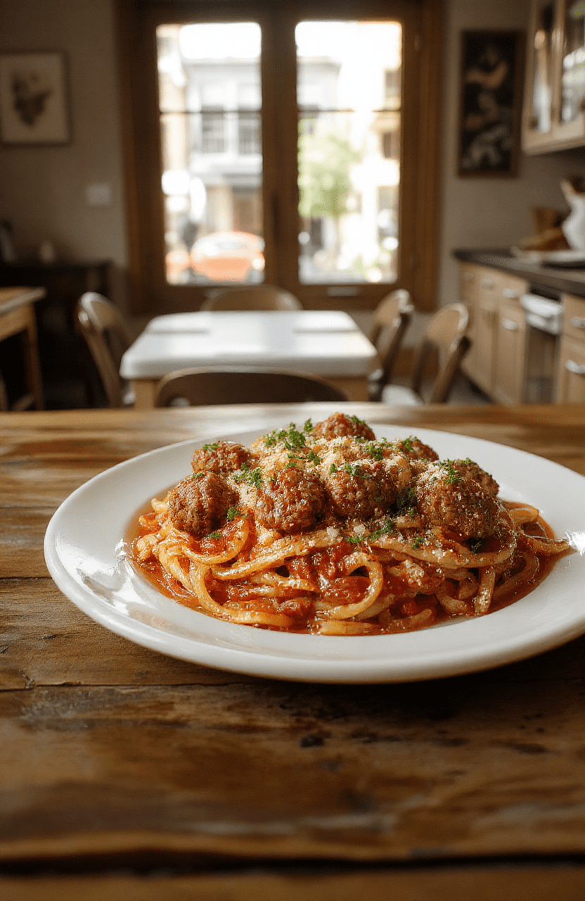 A glossy plate of al dente spaghetti swirled with bright red marinara, plump golden-brown meatballs, and a shower of grated Parmesan. Fresh basil leaves garnish, with a drizzle of olive oil on a rustic wooden table; steam wisps rise as the dish glows under warm, cinematic lighting, styled simply with a fork resting beside the plate.
