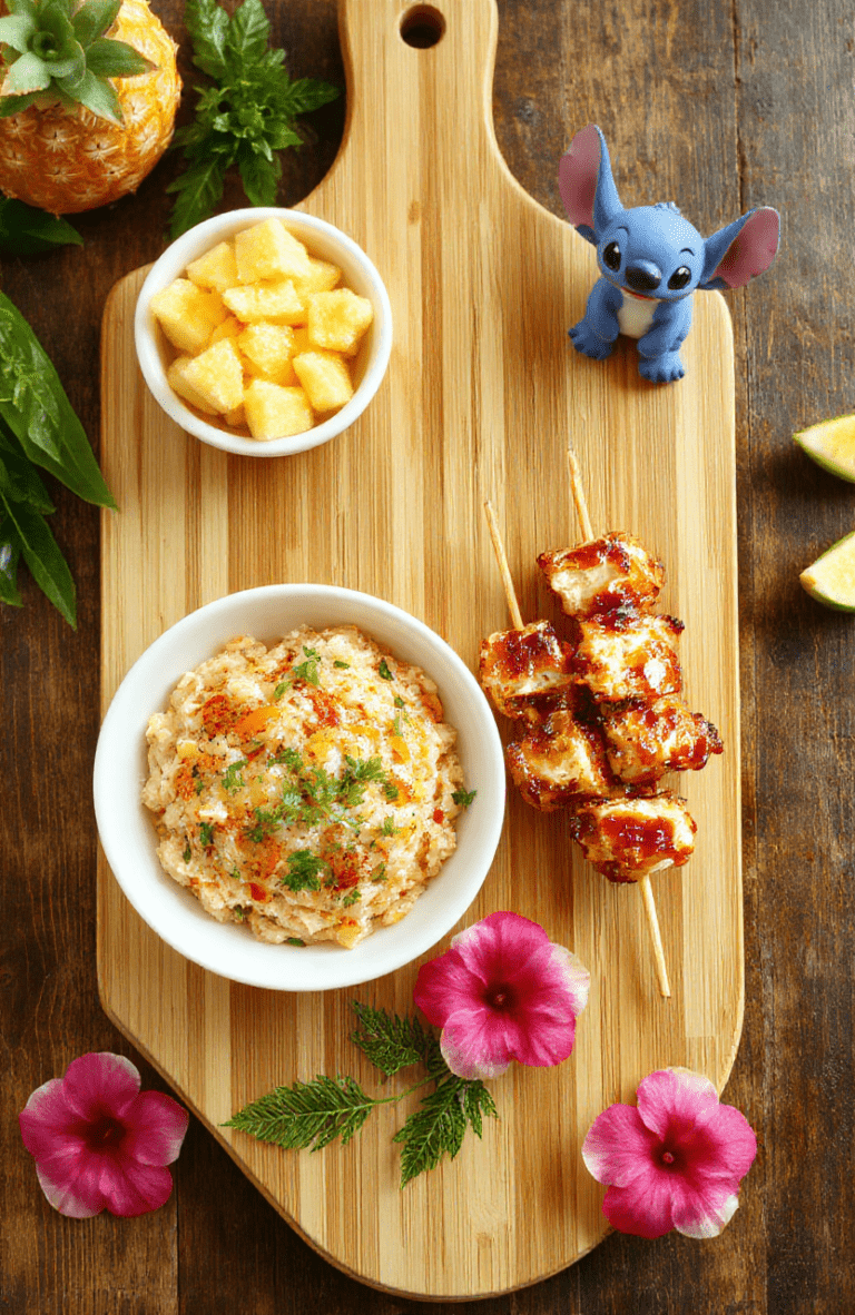 Vibrant Ohana themed dinner spread with teriyaki chicken skewers, pineapple fried rice, and colorful vegetables on tropical plates; hibiscus flowers, pineapple wedges, and palm leaf accents set a playful island table.
