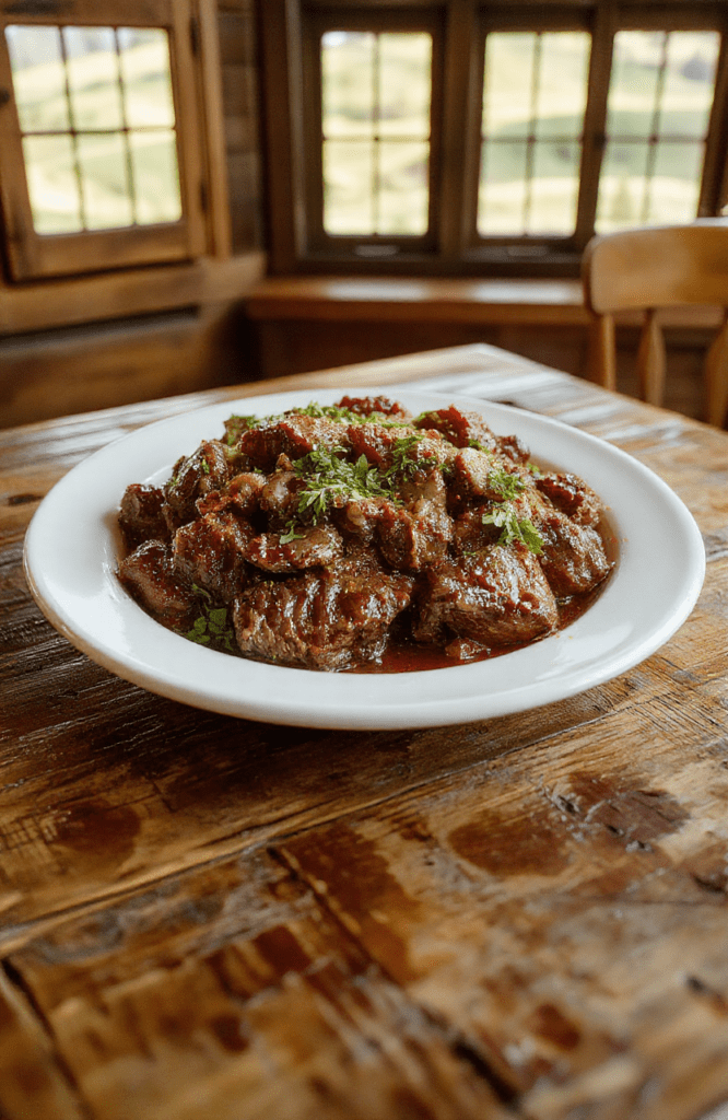 A rustic bowl of Balin's Hearty Spiced Beef Stew sits steaming, with tender beef chunks, orange carrots, and potato pieces in a thick amber gravy. The dish is plated in a ceramic bowl on a dark wooden table, with a crusty loaf and sprigs of thyme nearby, warm golden lighting highlighting the textures of the stew and the glossy surface of the broth.