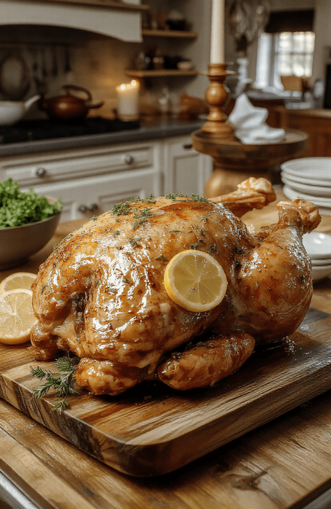 A golden-roast chicken on a rustic wooden table, rose-gold glaze, lemon slices, herb sprigs, and rose petals garnish under warm candlelight; fairy-tale table setting with a stone wall in the background.