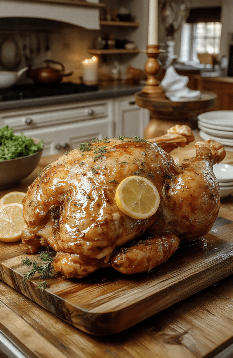A golden-roast chicken on a rustic wooden table, rose-gold glaze, lemon slices, herb sprigs, and rose petals garnish under warm candlelight; fairy-tale table setting with a stone wall in the background.