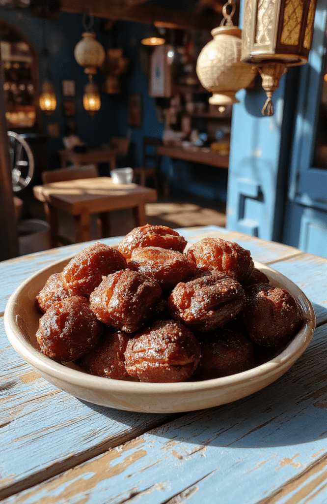 A plate of Magical Aladdin Oasis Date Treats on a warm-toned wooden board. Plump Medjool dates are halved and stuffed with almond slivers, rolled in crushed pistachios and shredded coconut, and finished with a glossy honey glaze. Sesame seeds dust the plate, with a mint leaf accent and a desert oasis backdrop.