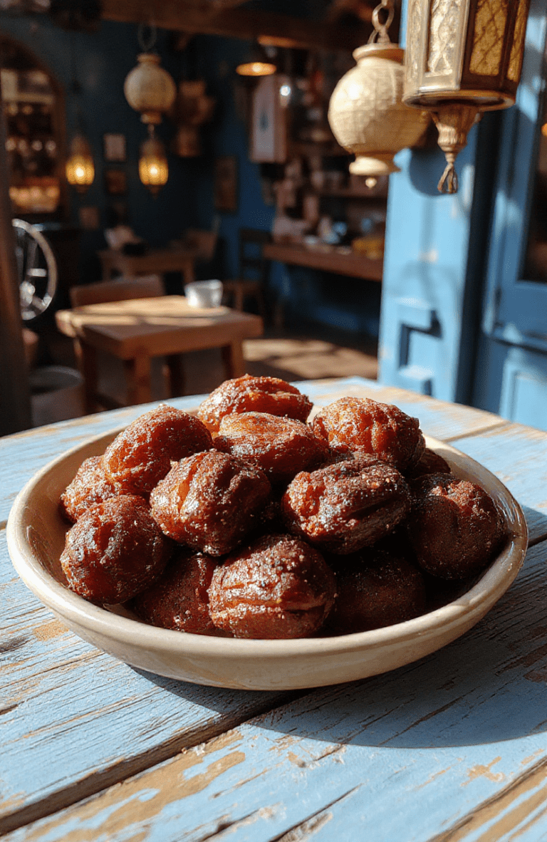 A plate of Magical Aladdin Oasis Date Treats on a warm-toned wooden board. Plump Medjool dates are halved and stuffed with almond slivers, rolled in crushed pistachios and shredded coconut, and finished with a glossy honey glaze. Sesame seeds dust the plate, with a mint leaf accent and a desert oasis backdrop.