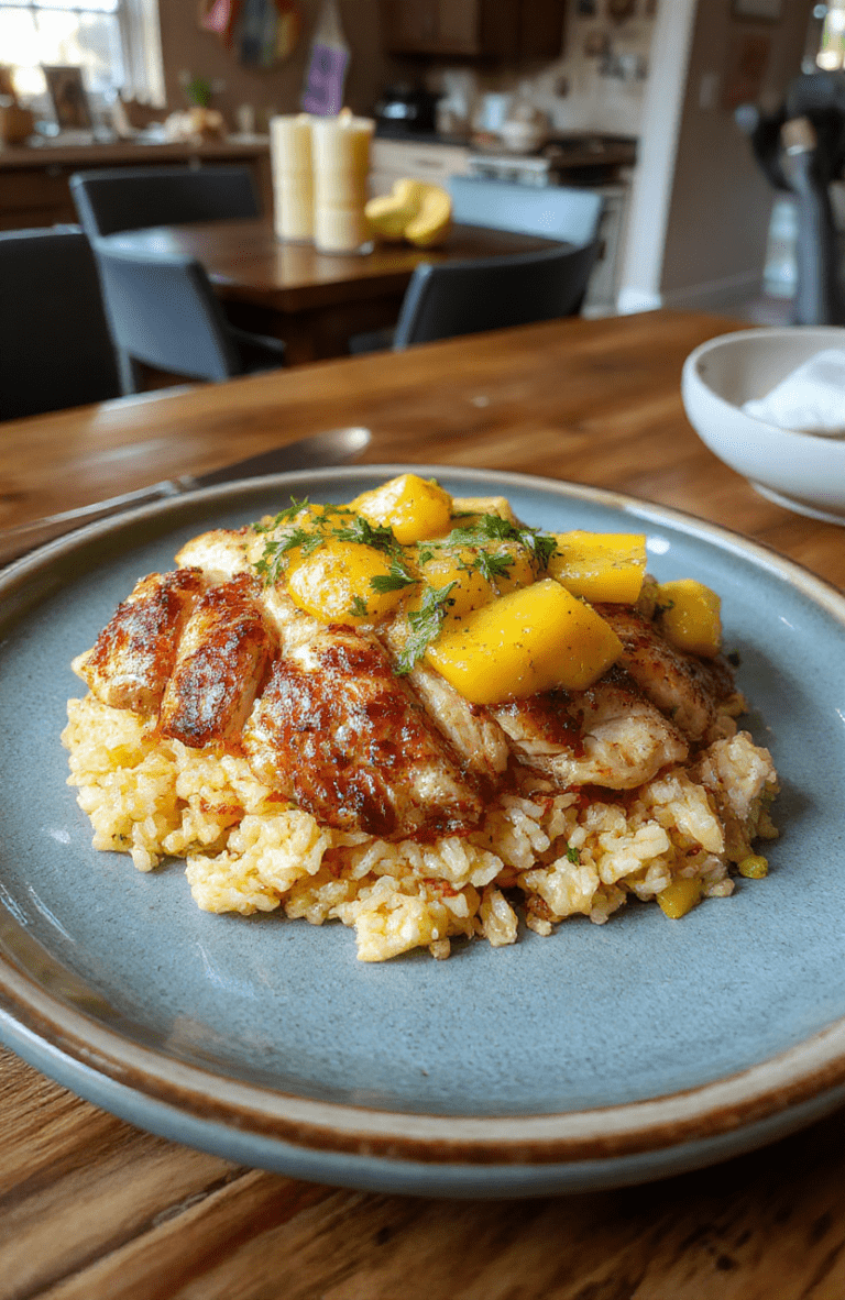 A vibrant Encanto-inspired dinner spread featuring saffron rice, citrus-glazed chicken thighs, creamy black beans and corn, and a bright mango salsa on a teal-rimmed plate. The food is plated on a warm wooden table with lime wedges, cilantro garnish, and a drizzle of orange glaze, surrounded by soft candlelight and colorful papel picado accents for a magical, family-friendly look.
