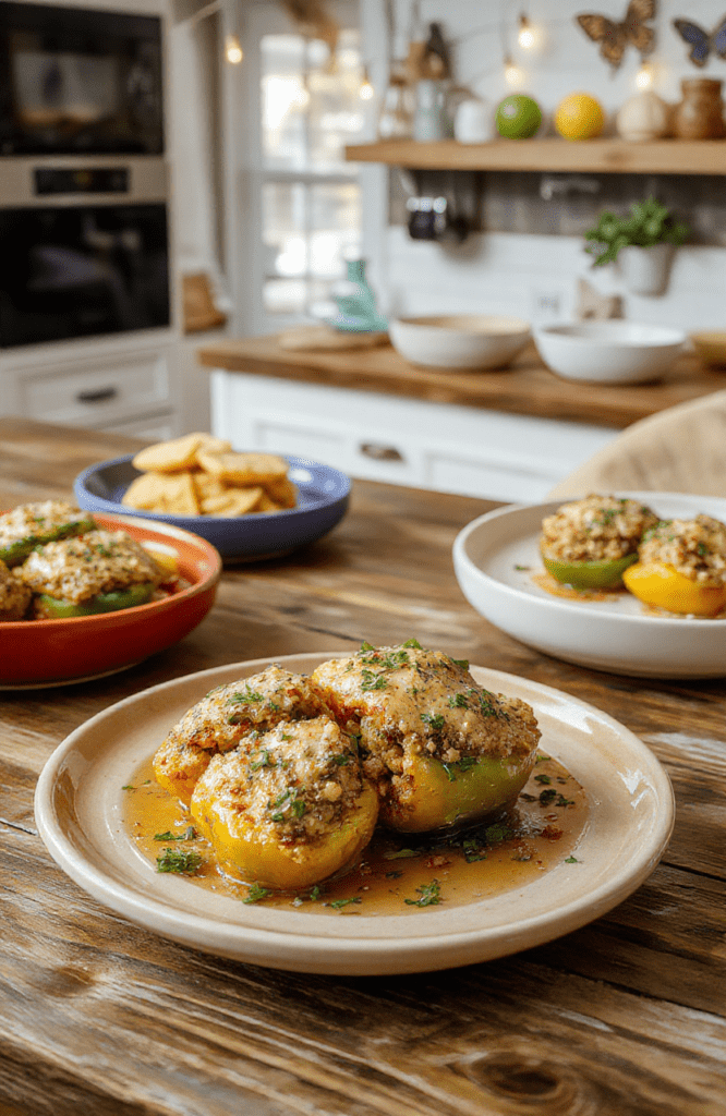 Colorful quinoa stuffed peppers on a white plate topped with mango salsa and cilantro, set on a sunny wooden table. The peppers glow in red, yellow, and green with a glossy finish, surrounded by lime wedges and a small bowl of extra mango salsa. In the background, warm pastel walls and decorative butterflies hint at Encanto's magical Casita, creating a cozy, festive dinner scene.