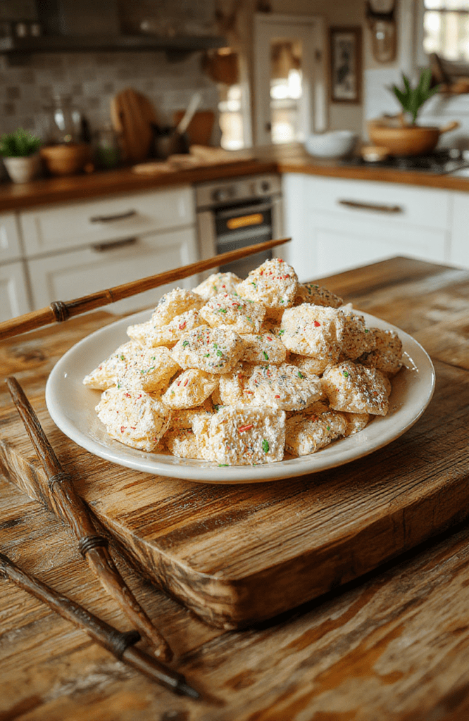 A white porcelain plate holds a mound of colorful popping candy pieces with iridescent sugar crystals, sprinkled on a slate board. In the background, a tiny wand charm and a parchment label hint at a wizarding treat. The lighting is warm and cozy, with a soft focus on the sparkling textures of the candy, showing crunchy, crackling candy bits and a hint of butter-yellow glow from a nearby kettle. The scene is styled like a small, whimsical wizarding shop display.