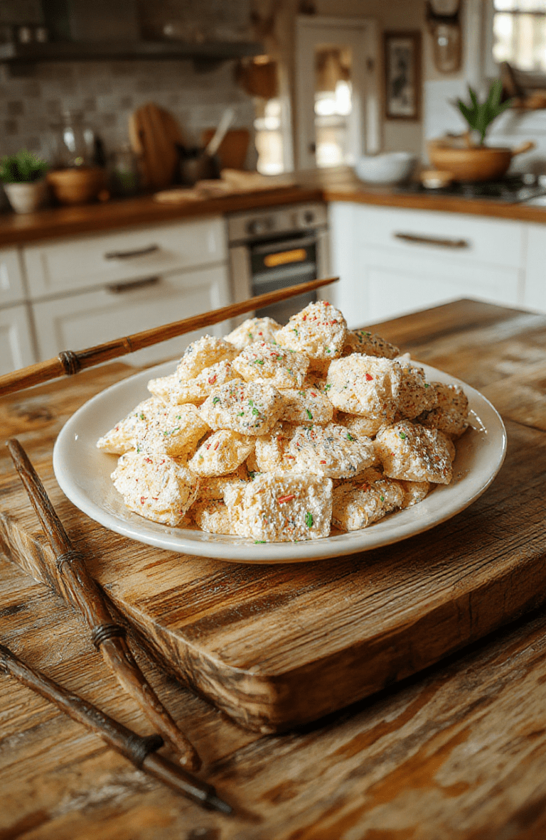 A white porcelain plate holds a mound of colorful popping candy pieces with iridescent sugar crystals, sprinkled on a slate board. In the background, a tiny wand charm and a parchment label hint at a wizarding treat. The lighting is warm and cozy, with a soft focus on the sparkling textures of the candy, showing crunchy, crackling candy bits and a hint of butter-yellow glow from a nearby kettle. The scene is styled like a small, whimsical wizarding shop display.