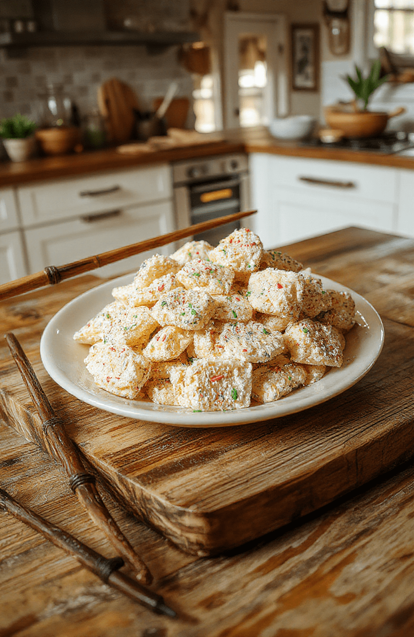A white porcelain plate holds a mound of colorful popping candy pieces with iridescent sugar crystals, sprinkled on a slate board. In the background, a tiny wand charm and a parchment label hint at a wizarding treat. The lighting is warm and cozy, with a soft focus on the sparkling textures of the candy, showing crunchy, crackling candy bits and a hint of butter-yellow glow from a nearby kettle. The scene is styled like a small, whimsical wizarding shop display.