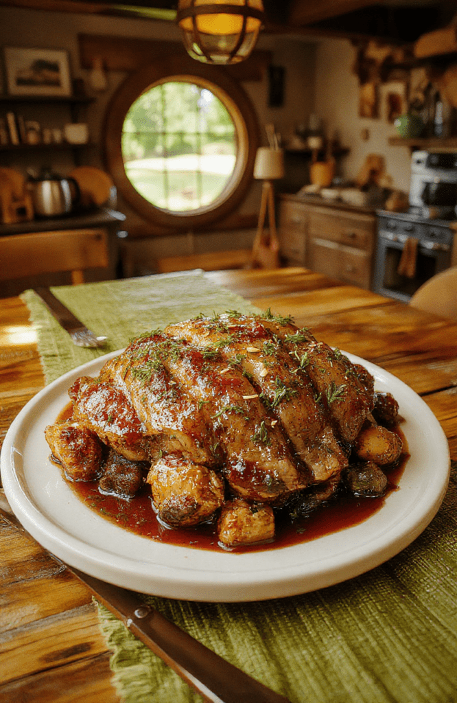 A golden-brown crown roast on a silver platter, glazed with a glossy cranberry sauce, surrounded by roasted carrots, parsnips, and potatoes. Fresh herbs dot the plate, while the rustic wooden table and warm candlelight evoke a festive, fantasy-feast mood.