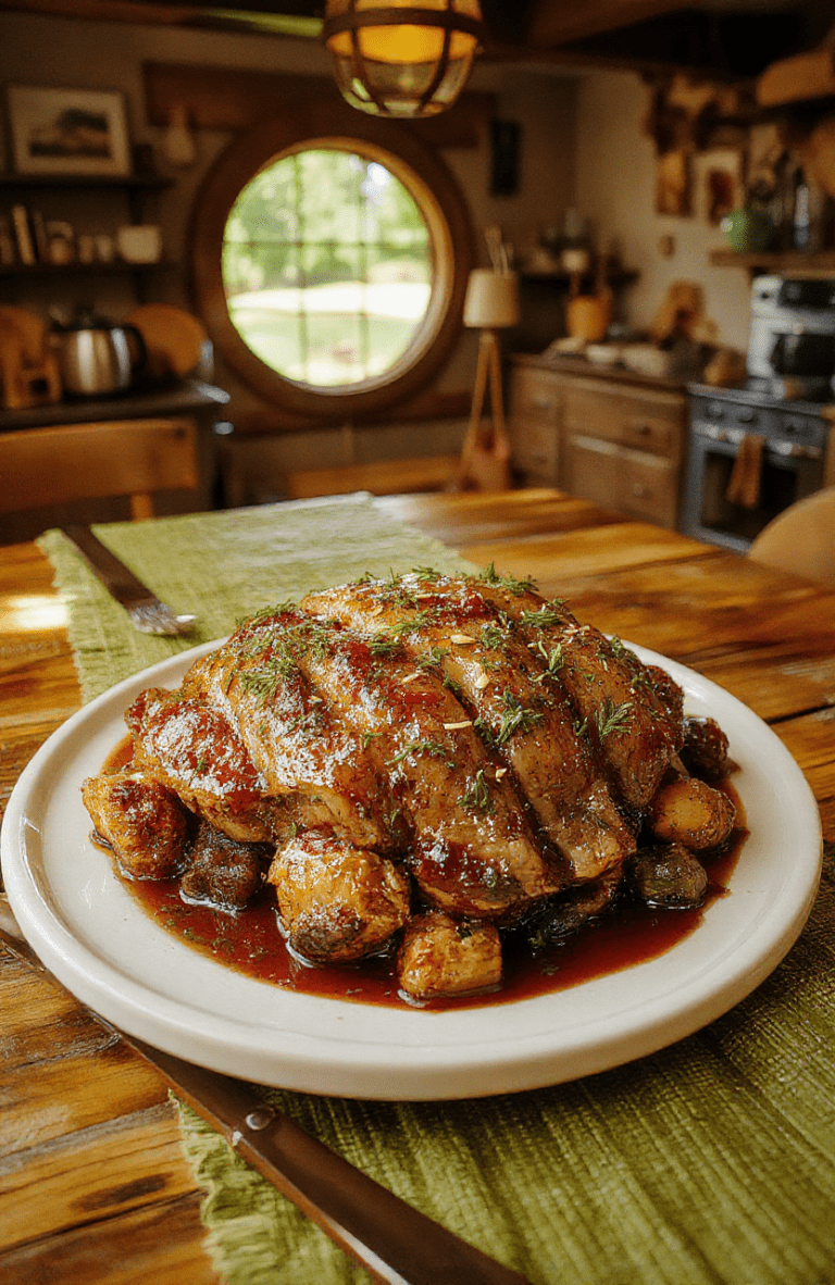 A golden-brown crown roast on a silver platter, glazed with a glossy cranberry sauce, surrounded by roasted carrots, parsnips, and potatoes. Fresh herbs dot the plate, while the rustic wooden table and warm candlelight evoke a festive, fantasy-feast mood.