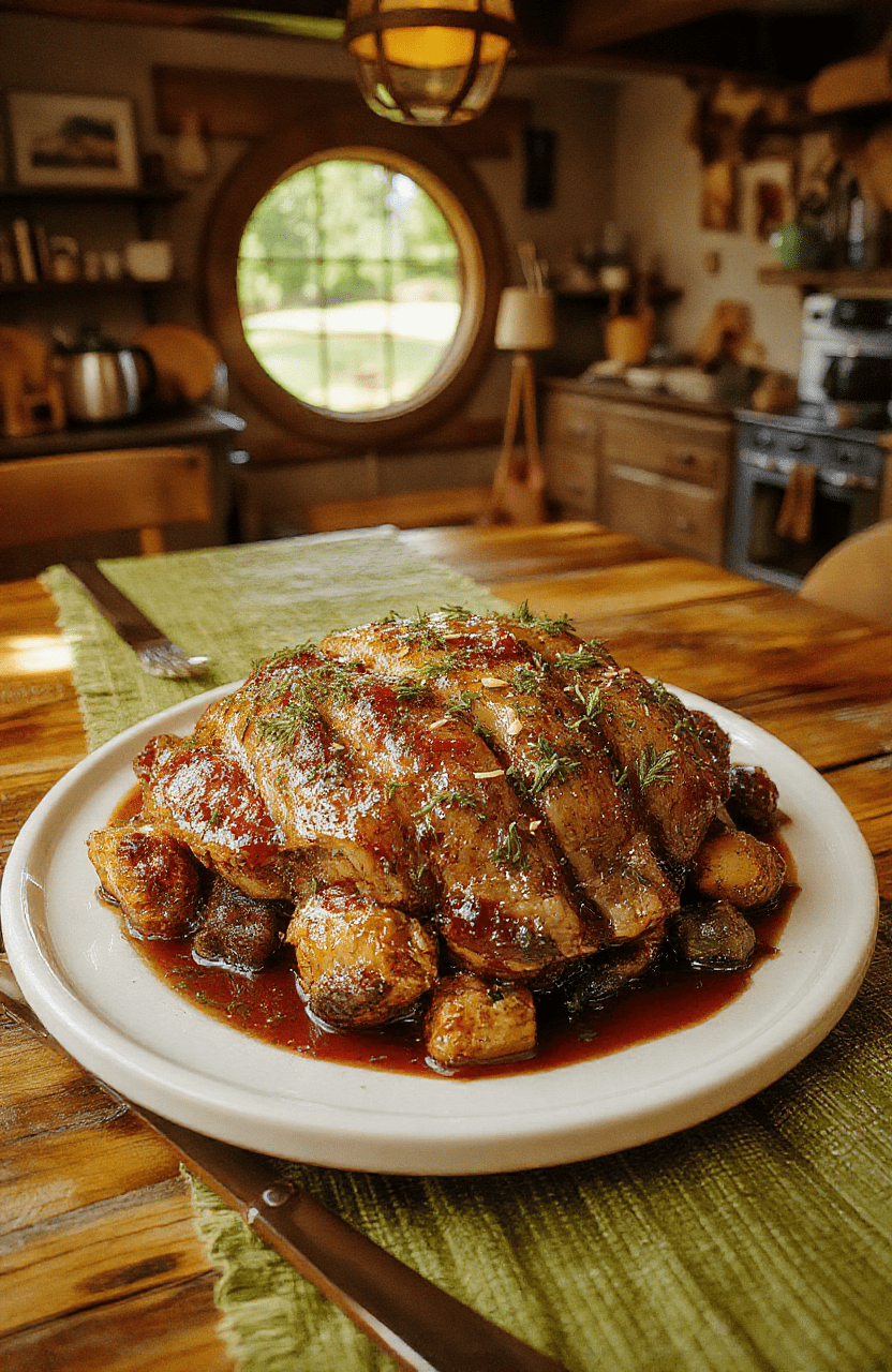 A golden-brown crown roast on a silver platter, glazed with a glossy cranberry sauce, surrounded by roasted carrots, parsnips, and potatoes. Fresh herbs dot the plate, while the rustic wooden table and warm candlelight evoke a festive, fantasy-feast mood.