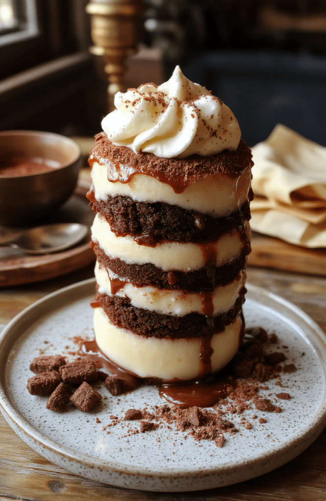 A tall, layered windtorte pudding with vanilla custard, chocolate sponge, and whipped cream, finished with a glossy chocolate glaze and a dusting of cocoa, plated on a speckled ceramic plate. The dessert sits on a rustic wooden table with warm lighting, edible gold specks, and a hint of cinnamon; background evokes Aunt Petunia's cozy kitchen.