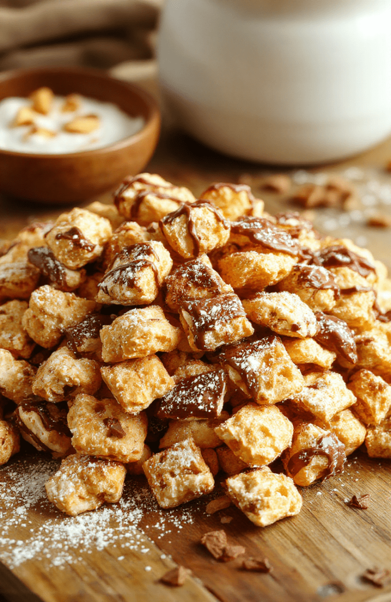 Alt text: A white bowl brimming with Butterbeer Muddy Buddies—golden-brown cereal clusters coated in chocolate and peanut butter, lightly dusted with powdered sugar, with a drizzle of caramel and a cinnamon stick on a warm wooden surface for a cozy, magical Harry Potter vibe.
