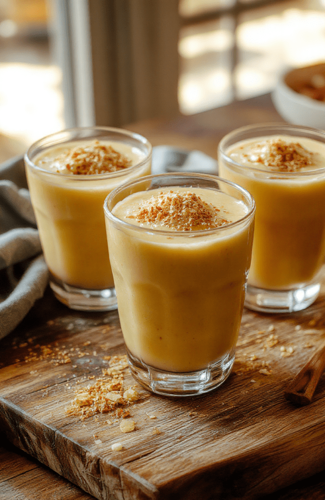 A creamy vanilla butterbeer pudding swirled with golden butterscotch sits in clear glass dessert cups. The pudding is topped with fluffy whipped cream, a drizzle of caramel, and a light dusting of cinnamon, set on a rustic wooden board. The background hints at a magical kitchen with warm amber lighting and subtle Hogwarts-inspired decor.