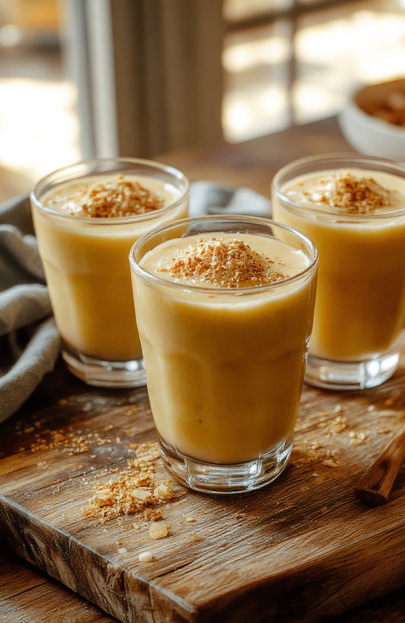 A creamy vanilla butterbeer pudding swirled with golden butterscotch sits in clear glass dessert cups. The pudding is topped with fluffy whipped cream, a drizzle of caramel, and a light dusting of cinnamon, set on a rustic wooden board. The background hints at a magical kitchen with warm amber lighting and subtle Hogwarts-inspired decor.