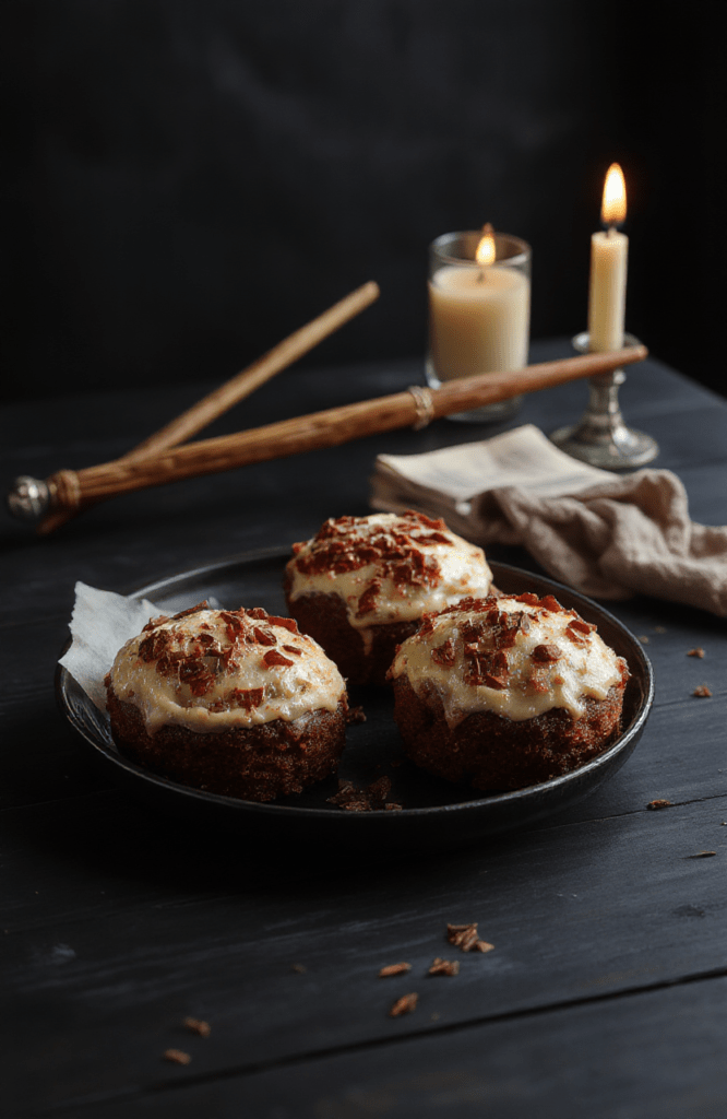 A close-up of glossy black mini cauldrons filled with fudgy chocolate cake, topped with emerald green buttercream swirls and gold sugar sprinkles. They sit on a rustic wooden board with a wand and spellbook nearby, warm candlelight casting magical shadows, cocoa dust sprinkled on the surface.