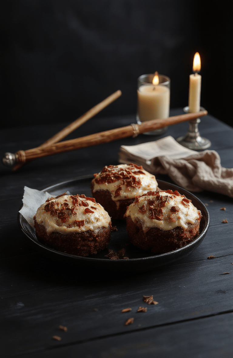 A close-up of glossy black mini cauldrons filled with fudgy chocolate cake, topped with emerald green buttercream swirls and gold sugar sprinkles. They sit on a rustic wooden board with a wand and spellbook nearby, warm candlelight casting magical shadows, cocoa dust sprinkled on the surface.