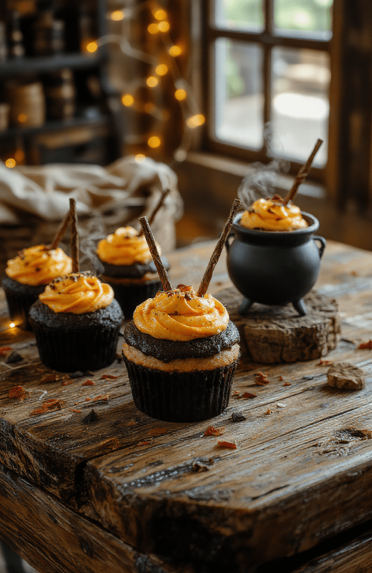Black mini cauldrons filled with orange buttercream bubbling like a potion, edible glitter, wand toppers, on a rustic wooden board with warm fairy lights, Hogwarts-inspired ambiance.