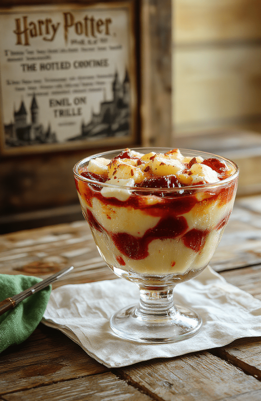 A tall clear glass trifle dish reveals distinct layers of vanilla custard, ruby raspberry jelly, and light sponge cake, finished with a crown of whipped cream. The top is garnished with chocolate shavings, crushed biscuit, fresh berries, and a mint leaf. Warm golden daylight bathes the rustic wooden table, with a rolled parchment recipe and a subtle wand motif hinting at a wizarding kitchen.