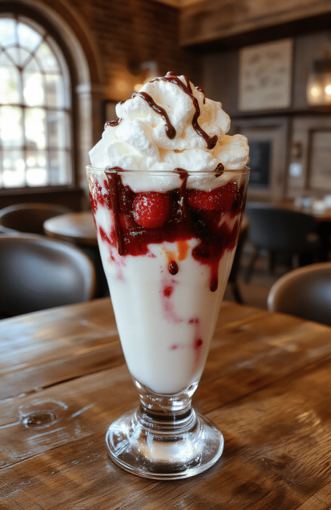 A tall, clear glass shows vibrant layers of vanilla ice cream, strawberry sauce, crushed meringue, and berries, topped with whipped cream and chocolate sauce, finished with a cherry and magical sugar dust. The dessert rests on a warm wooden table with a soft golden glow and a hint of wizarding whimsy in the background.