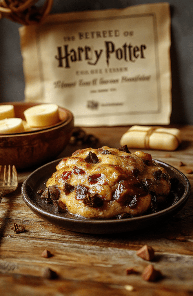 Silky vanilla chocolate pudding in a glass bowl, topped with whipped cream and cocoa, on a rustic wooden table with parchment and warm candlelight, magical kitchen vibe.