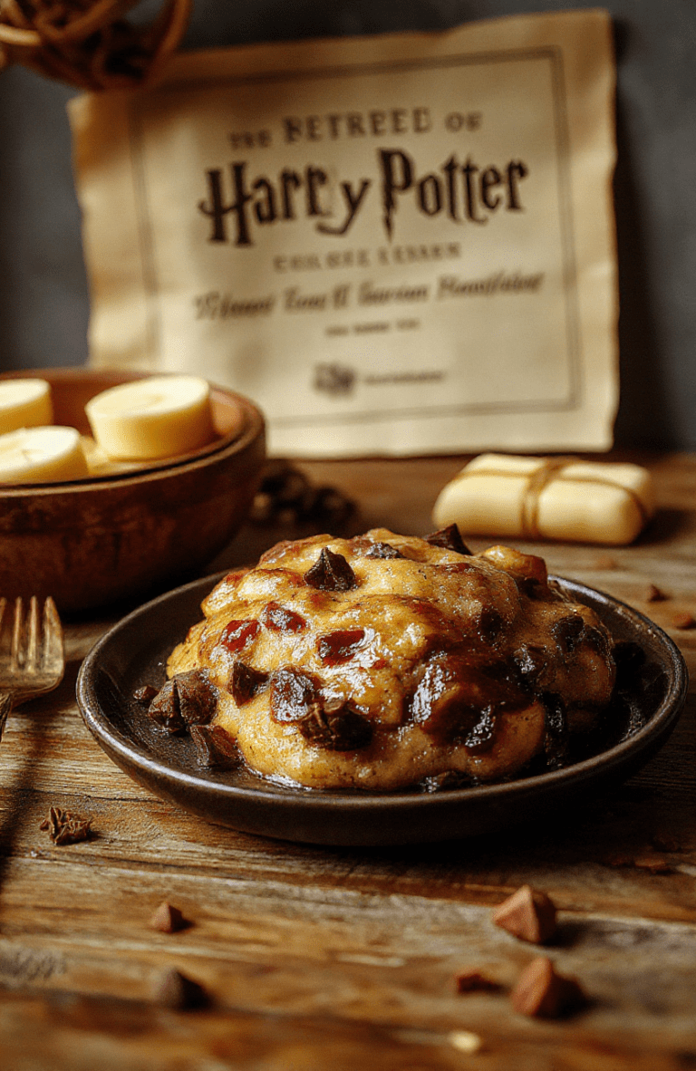 Silky vanilla chocolate pudding in a glass bowl, topped with whipped cream and cocoa, on a rustic wooden table with parchment and warm candlelight, magical kitchen vibe.
