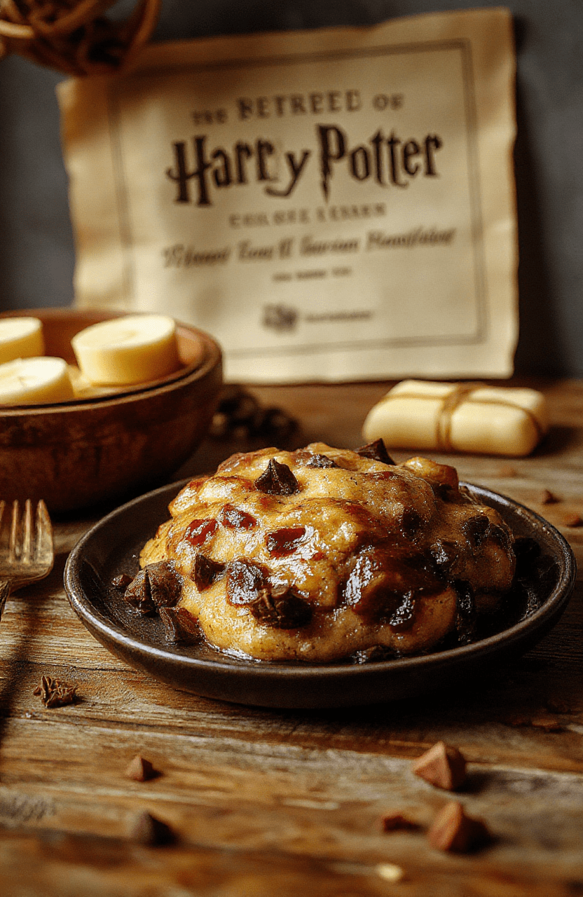 Silky vanilla chocolate pudding in a glass bowl, topped with whipped cream and cocoa, on a rustic wooden table with parchment and warm candlelight, magical kitchen vibe.