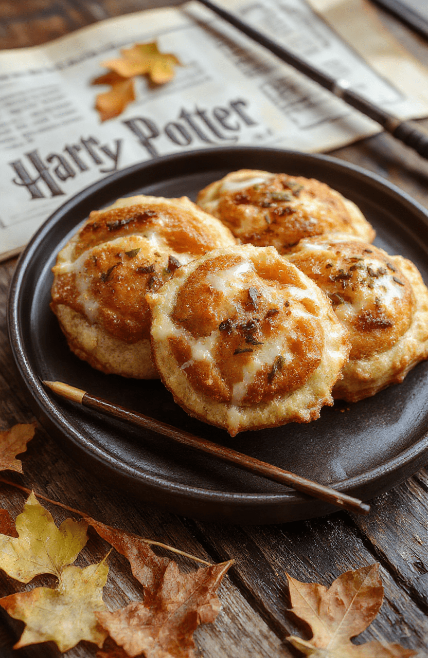 Three flaky pumpkin pasties with crimped edges and a glossy egg wash sit on a dark slate board. The pastries reveal warm orange pumpkin filling; a light dusting of cinnamon sugar adds sparkle. They are framed by autumn leaves and a soft, cozy backdrop that hints at a magical kitchen.