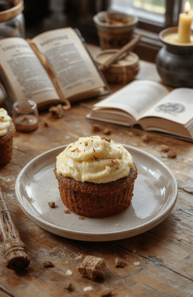 Magical Harry Potter Sleeping Draught Cupcakes plated on a dark marble surface. Pale lavender frosting swirls atop glossy chocolate cupcakes, speckled with edible gold stars and a light dusting of powdered sugar. A wand-shaped chocolate garnish and a drizzle of shimmering purple glaze add potion-house flair, while candles and old spellbooks blur softly in the background. Warm, magical lighting creates a cozy Hogwarts-feel.