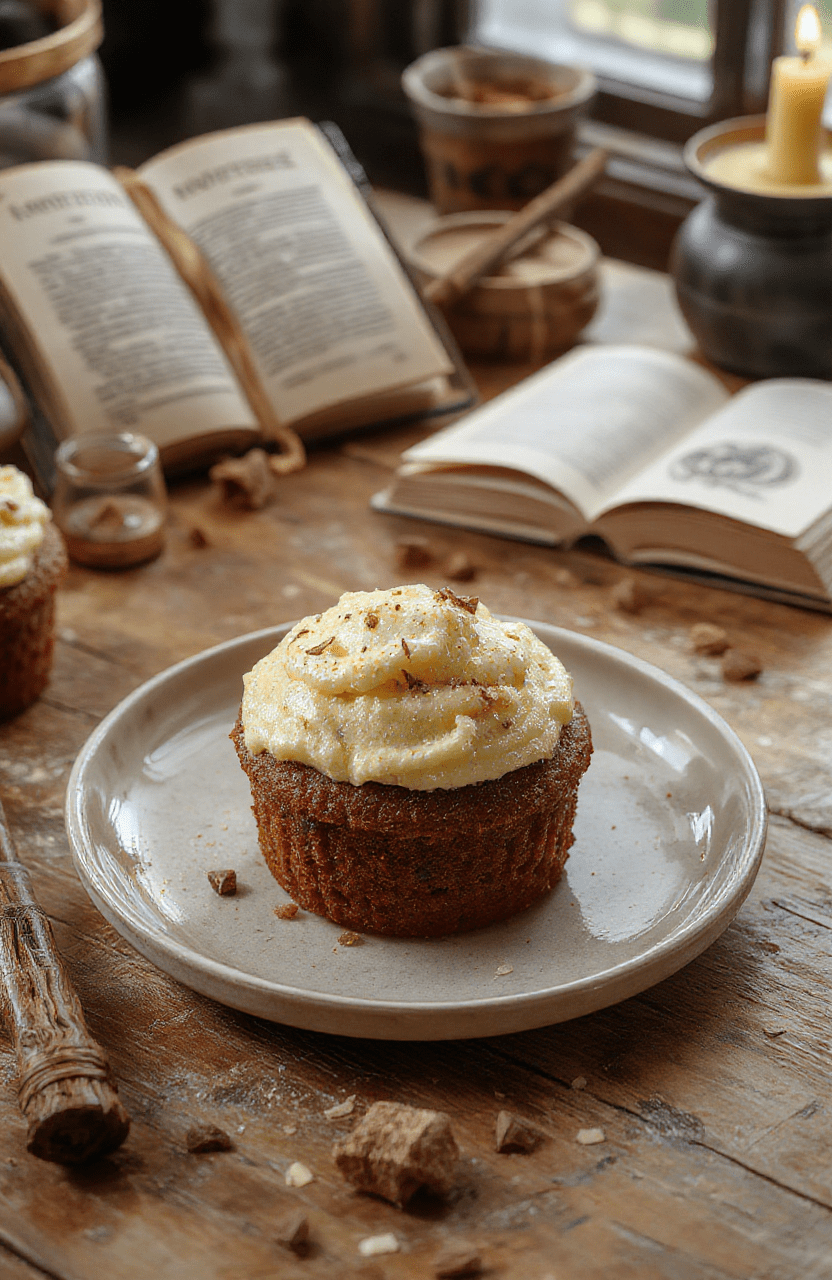 Magical Harry Potter Sleeping Draught Cupcakes plated on a dark marble surface. Pale lavender frosting swirls atop glossy chocolate cupcakes, speckled with edible gold stars and a light dusting of powdered sugar. A wand-shaped chocolate garnish and a drizzle of shimmering purple glaze add potion-house flair, while candles and old spellbooks blur softly in the background. Warm, magical lighting creates a cozy Hogwarts-feel.