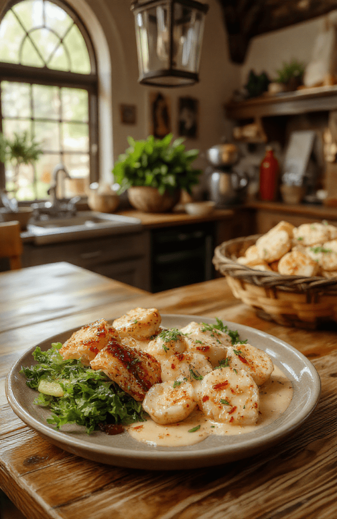 A vibrant plate of creamy tangled noodles with mushrooms and spinach, dotted with cherry tomatoes, topped with parmesan shavings and fresh herbs on a rustic wooden board.