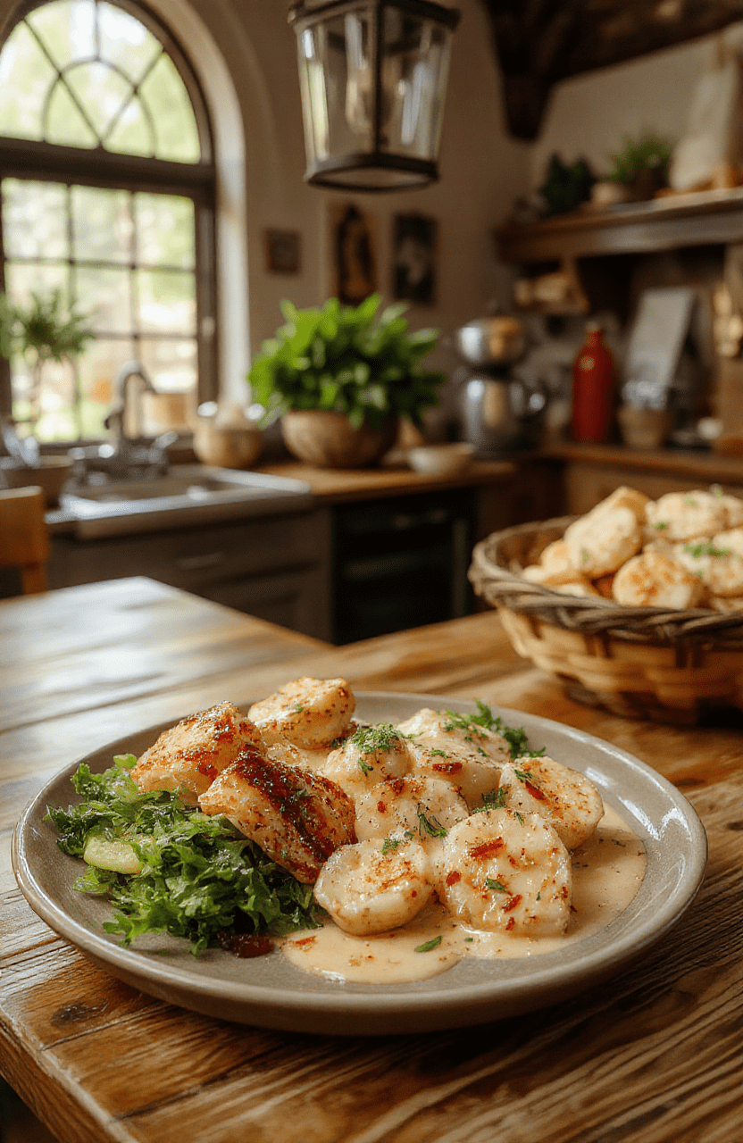 A vibrant plate of creamy tangled noodles with mushrooms and spinach, dotted with cherry tomatoes, topped with parmesan shavings and fresh herbs on a rustic wooden board.